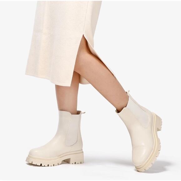 Bacia Chelsea Ankle Boots Women Lug Sole Chunky Heel Slip On Booties Beige White - Picture 2 of 7